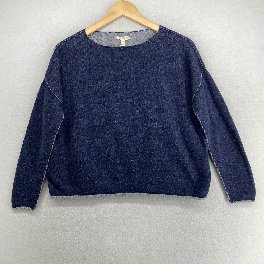 EILEEN FISHER Sweater PP Organic Cotton Round Neck Rolled Hem Pullover Blue